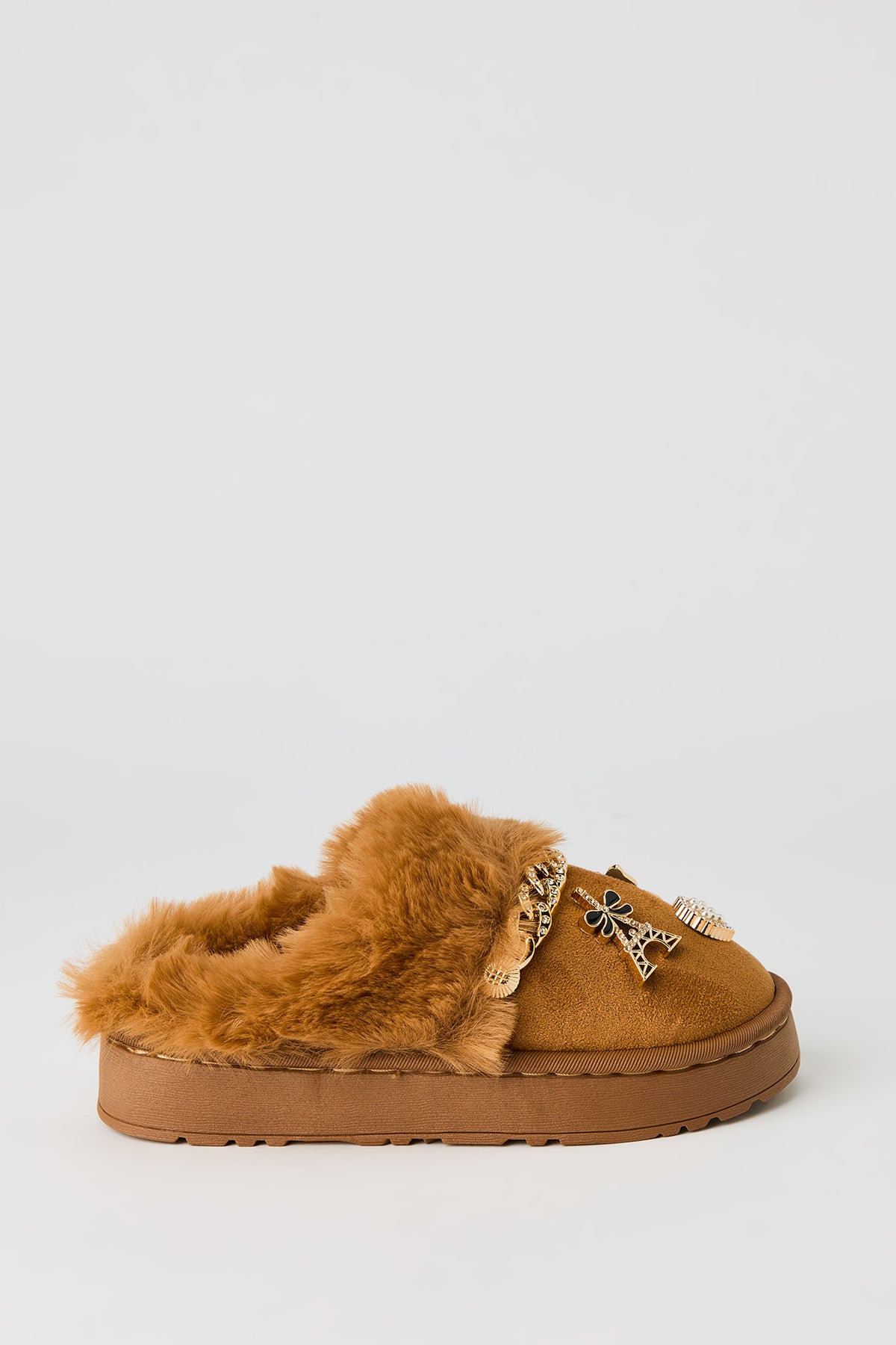 Alt View 2. Faux Fur Trim Charm Slipper Booties - Tan