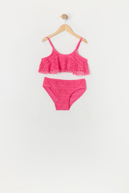 Girls Crochet Flounce 2 Piece Swimsuit with Built-In Cups