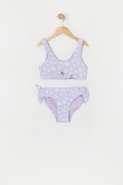 Girls Purple Daisy Print Front Tie 2 Piece Swimsuit with Built-In Cups –  Urban Planet