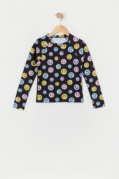 Girls Smiley Face Print Rashguard with built-in cups