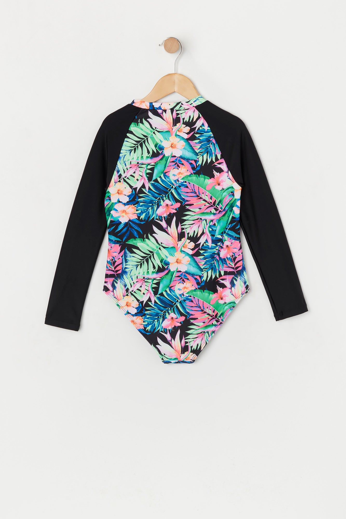 Girls Tropical Print Front Zip Rashguard Swimsuit