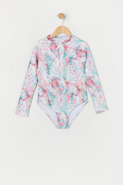 Girls Sparkle Tropical Print Front Zip Rashguard Swimsuit