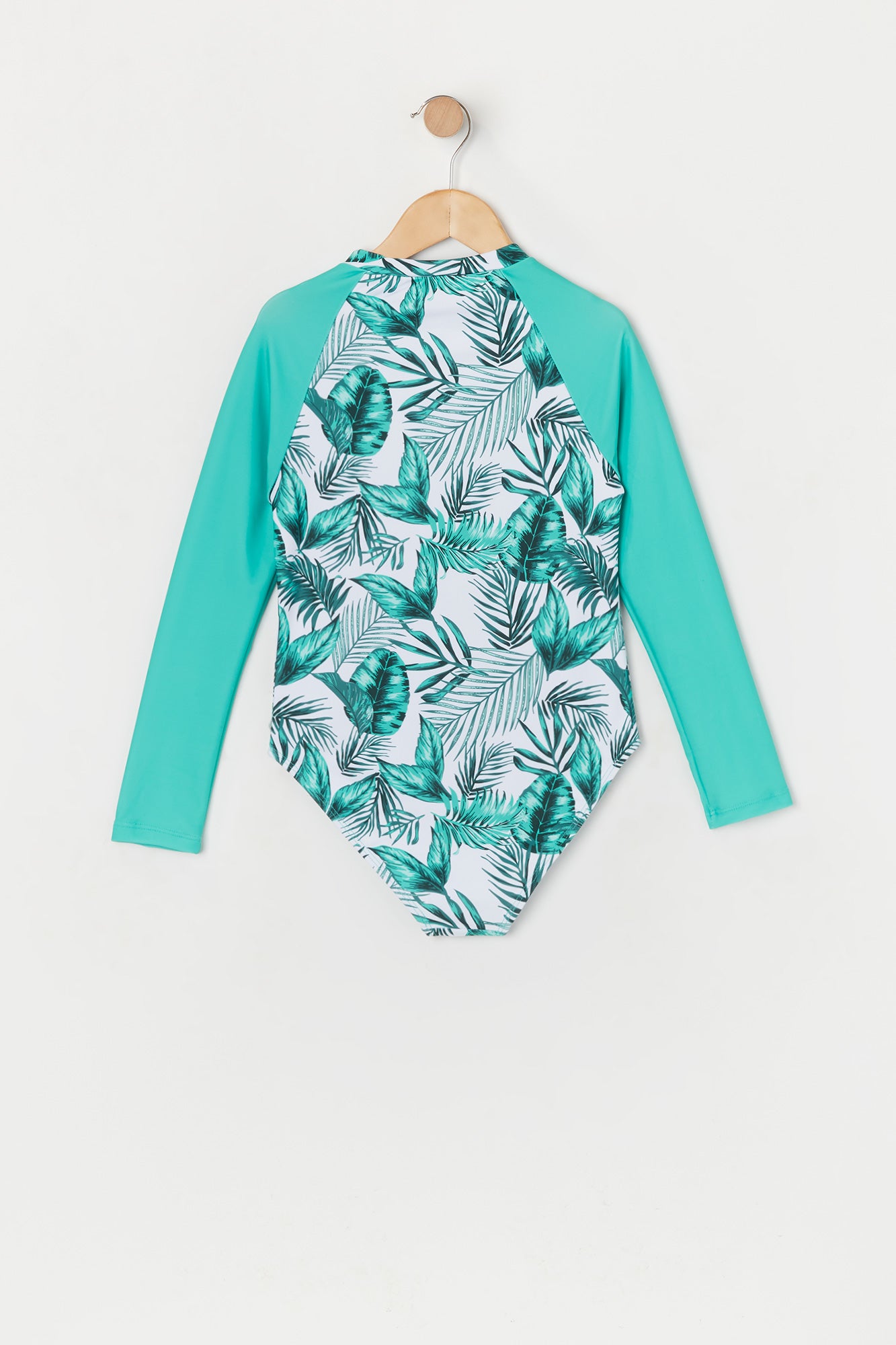 Girls Tropical Leaf Print Front Zip Rashguard Swimsuit