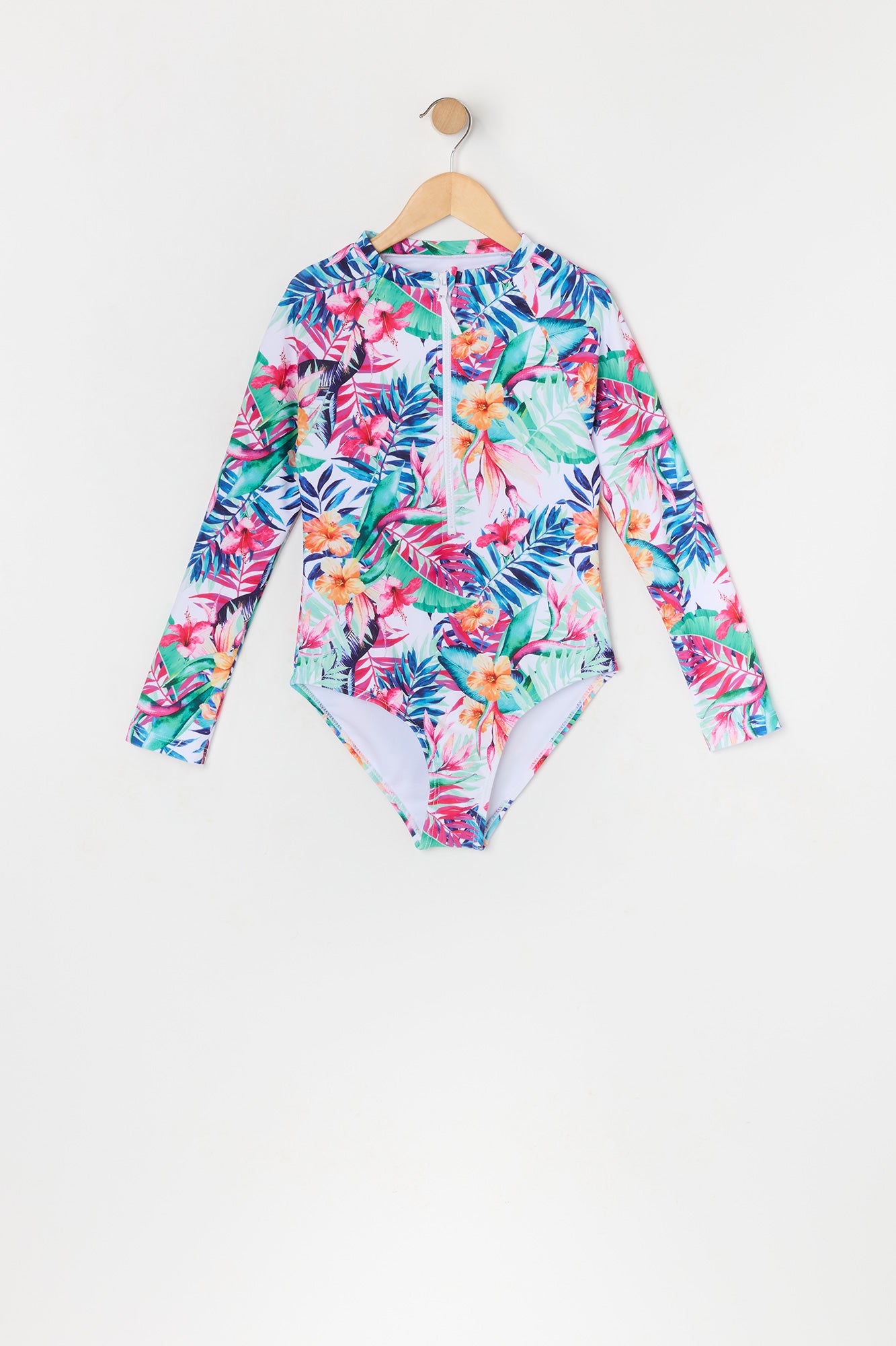 Girls Tropical Print One Piece Rashguard Swimsuit