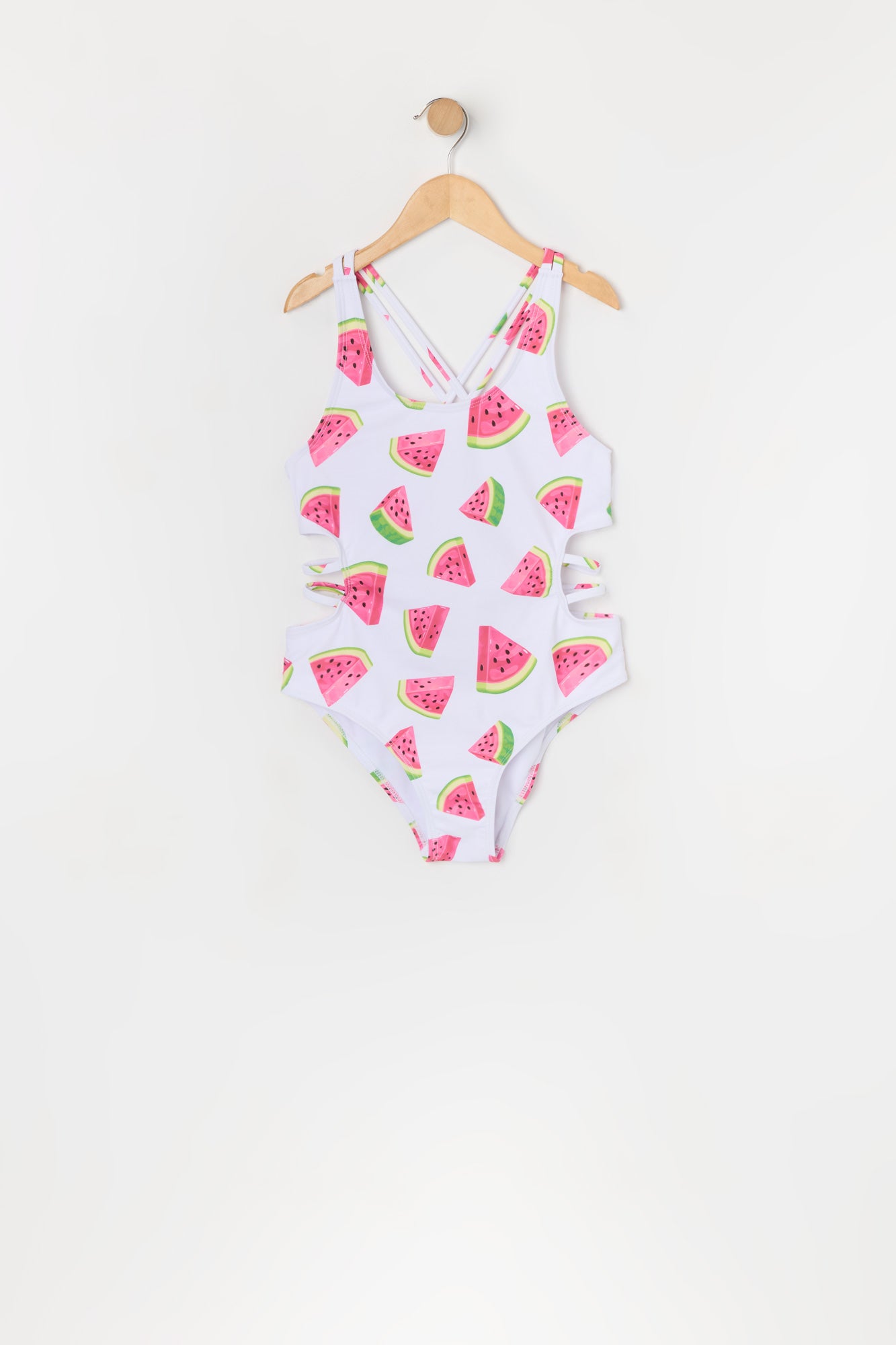 Girls Watermelon Print Strappy One Piece Swimsuit with built-in cups