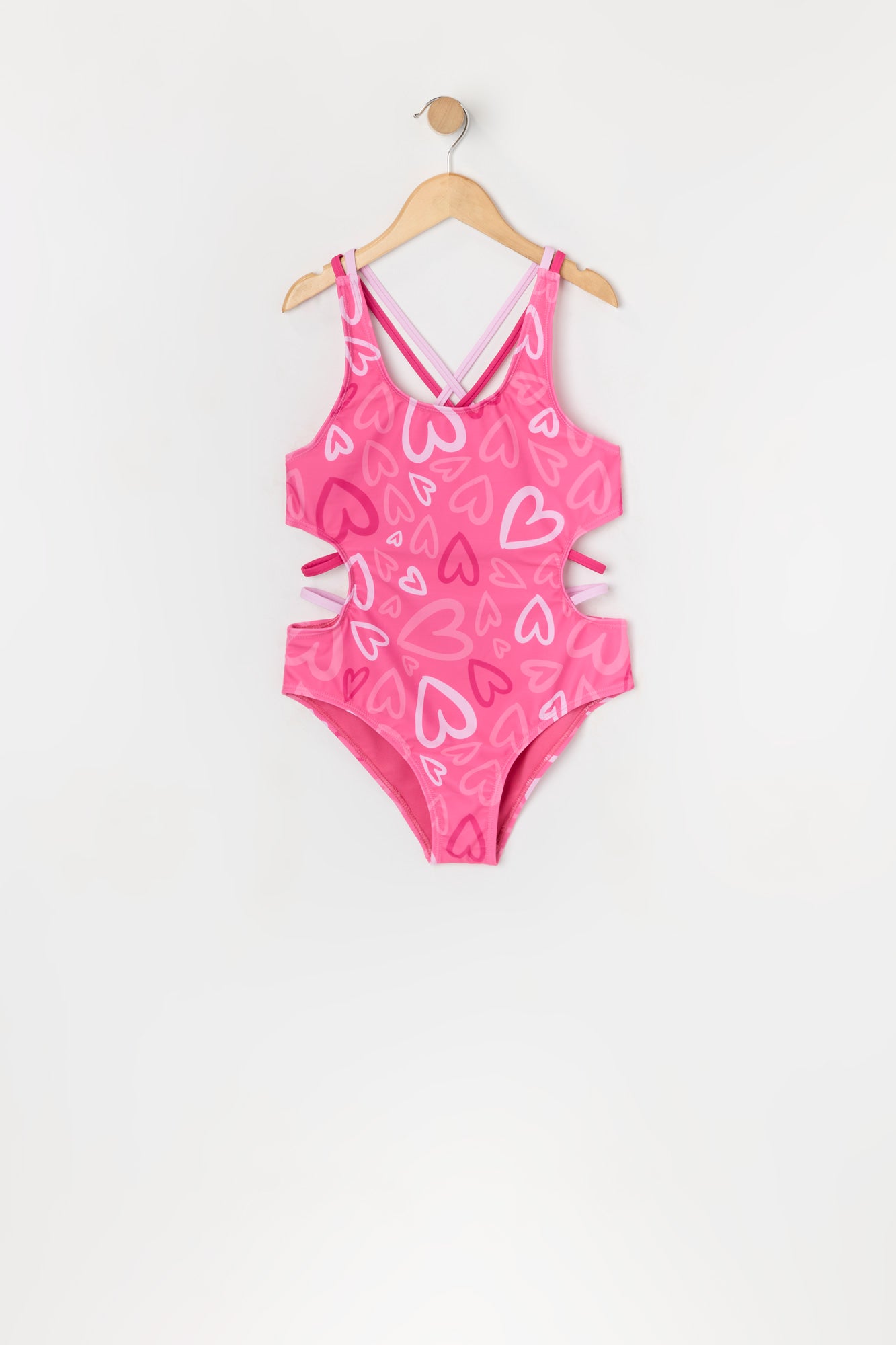 Girls Heart Print Strappy One Piece Swimsuit with built-in cups