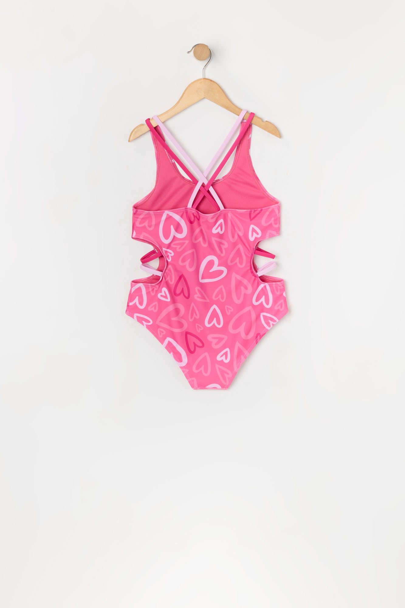 Girls Heart Print Strappy One Piece Swimsuit with built-in cups
