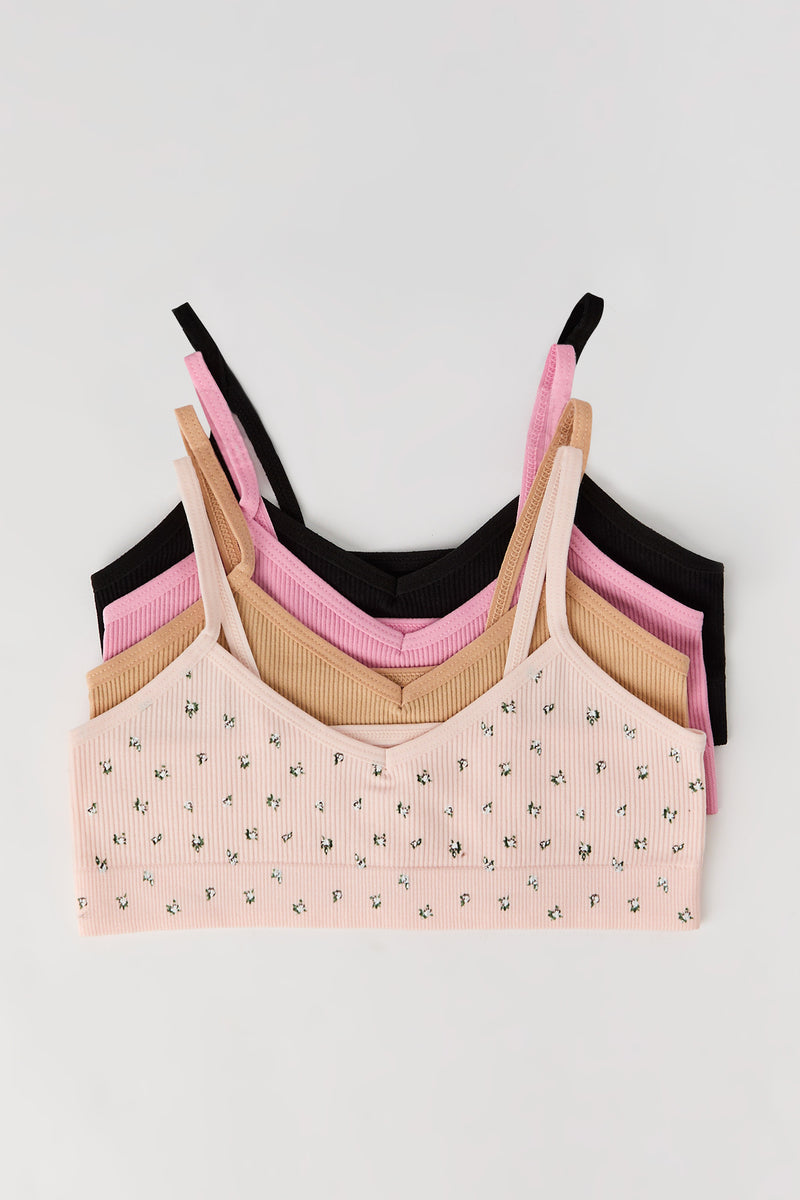 Bralette côtelée fleurie et unie sans couture pour fille (Lot de 4)