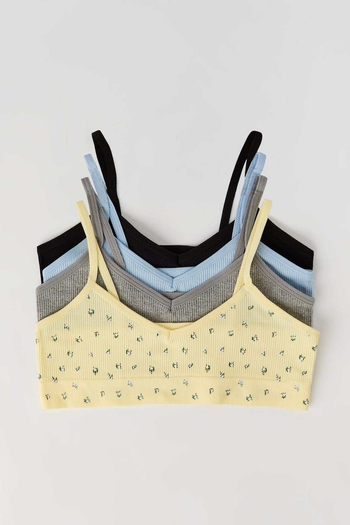 Girls Floral & Solid Seamless Ribbed Bralette (4 Pack) - Yellow
