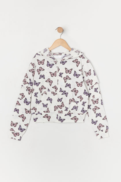 Girls Butterfly Print Fleece Zip-Up Cargo Hoodie