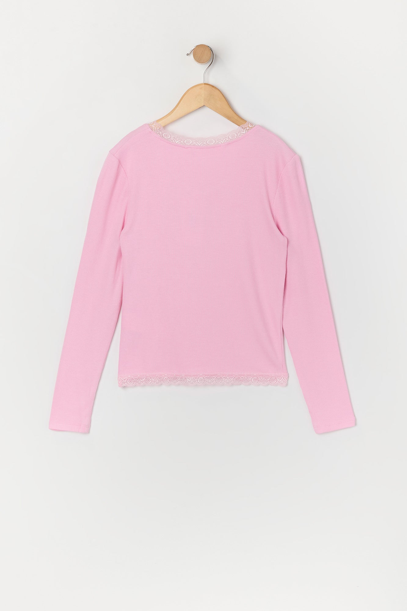 Girls Ribbed Lace Trim Long Sleeve Top