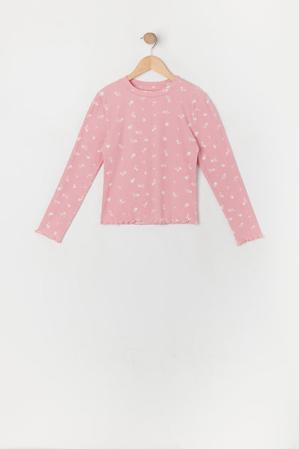 T-shirt côtelé fleuri rose avec ourlet volanté pour fille