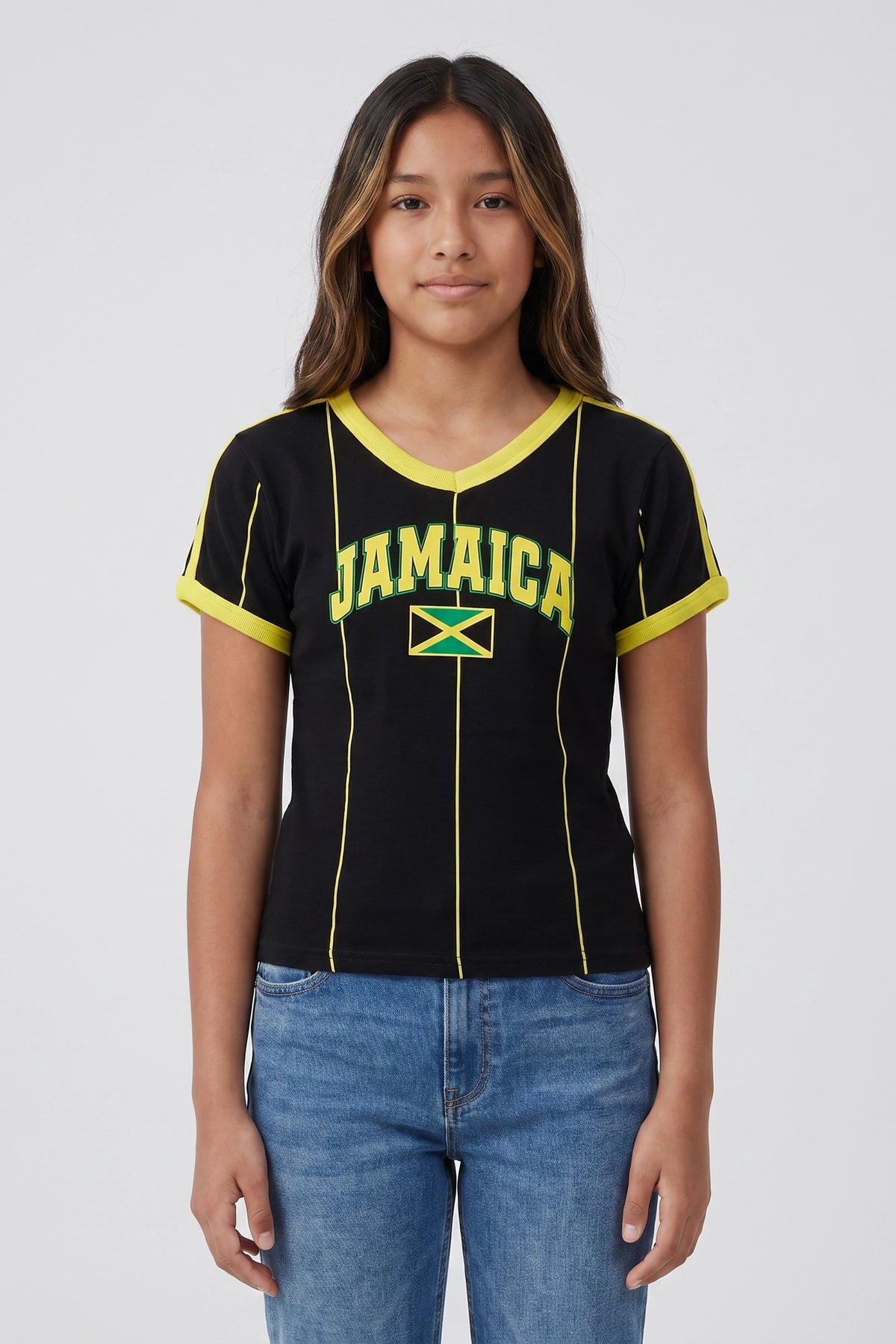 Girls Jamaica Graphic Striped Soccer T-Shirt - Jade