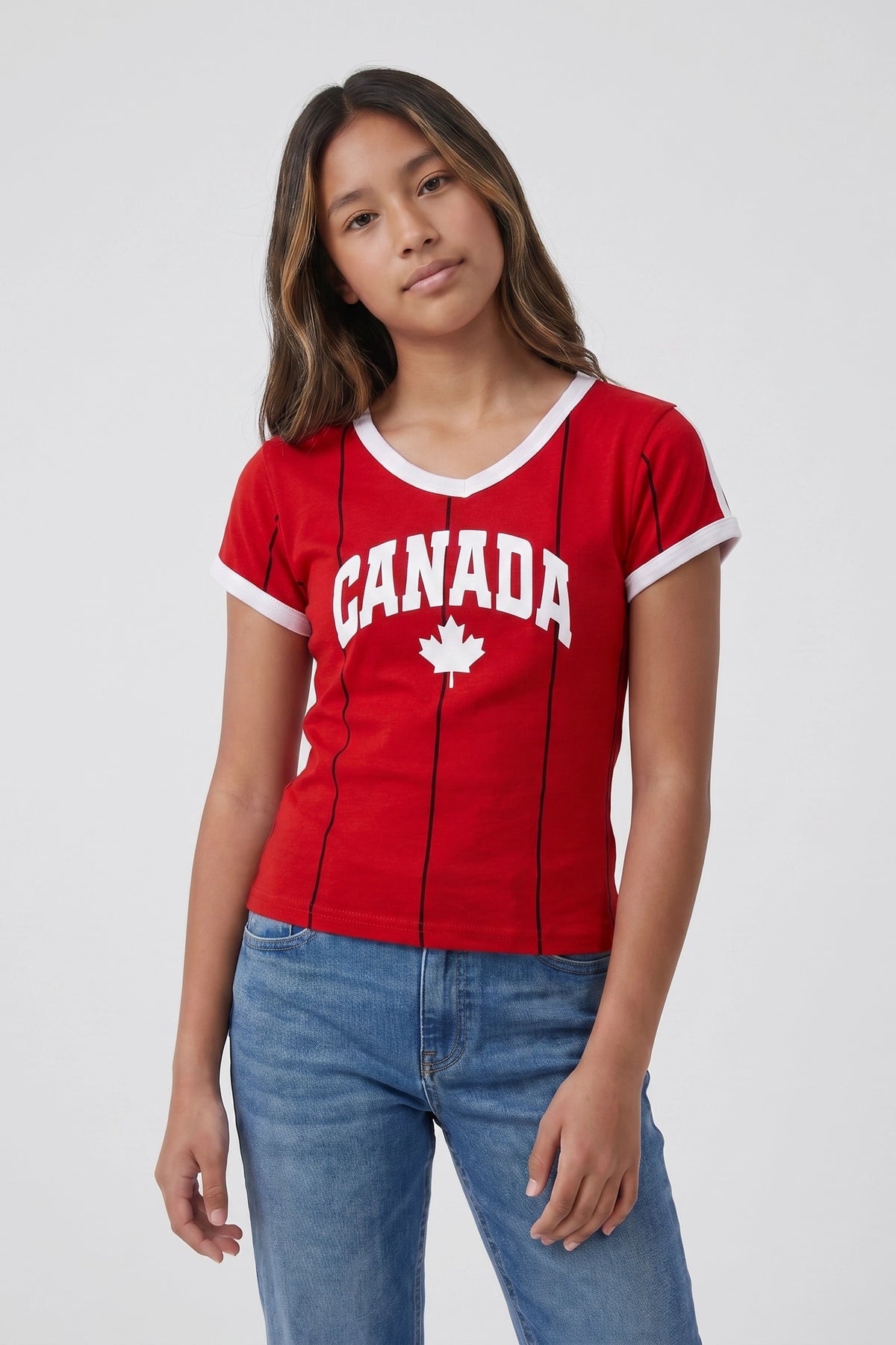 Girls Canada Graphic Striped Soccer T-Shirt - Red