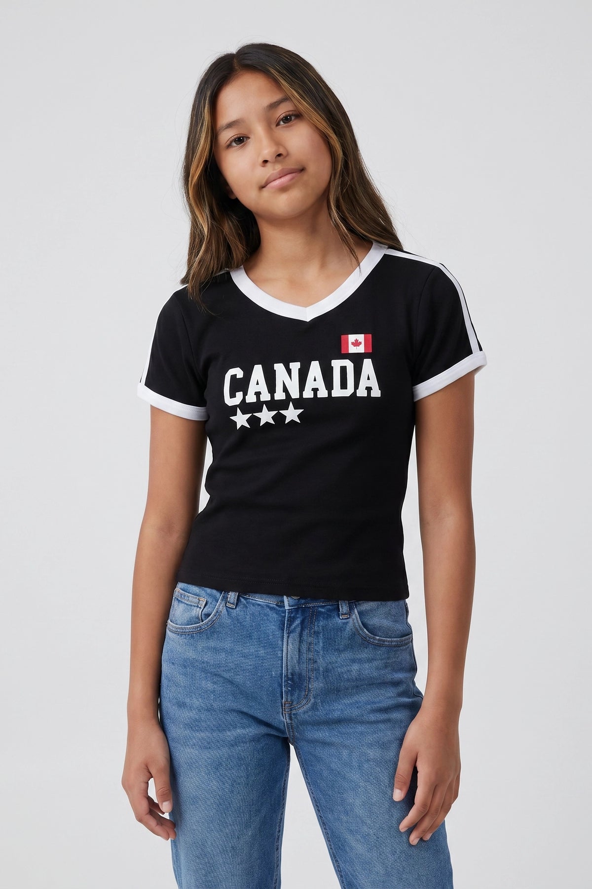 Girls Canada Graphic Striped Soccer T-Shirt - Black with White