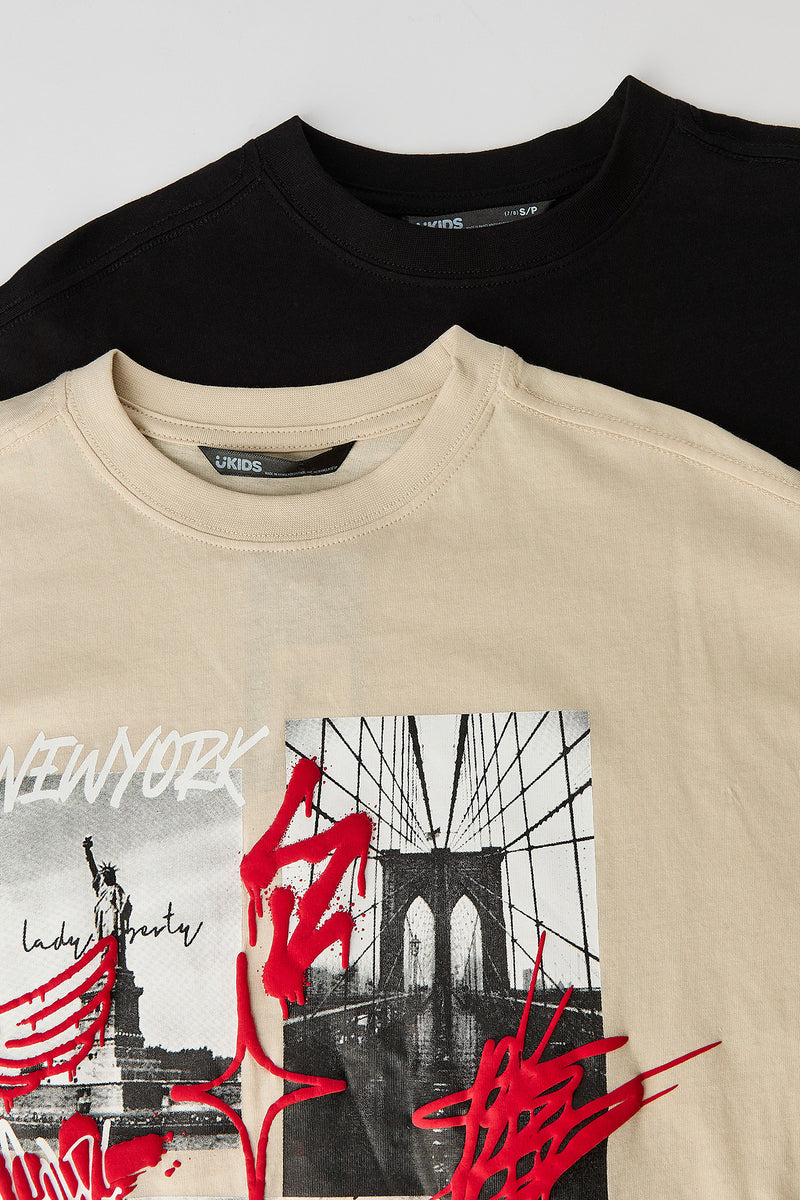 T-shirt imprimé et uni pour garçon (Lot de 2)