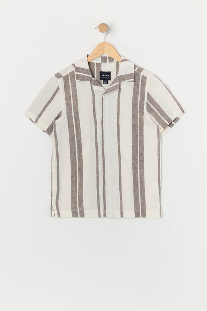 Boys Linen Striped Short Sleeve Button-Up Top
