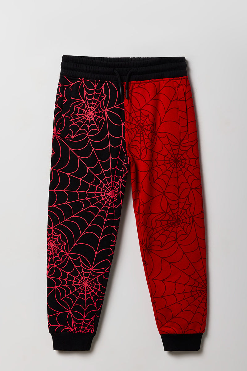 Kids Spider Web Printed Colourblock Fleece Jogger