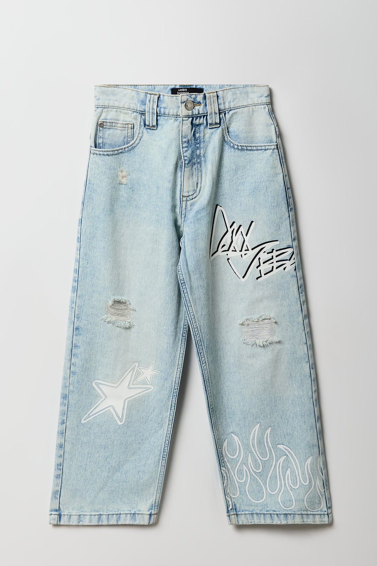 Boys Graffiti Ripped Baggy Jean - Light Blue