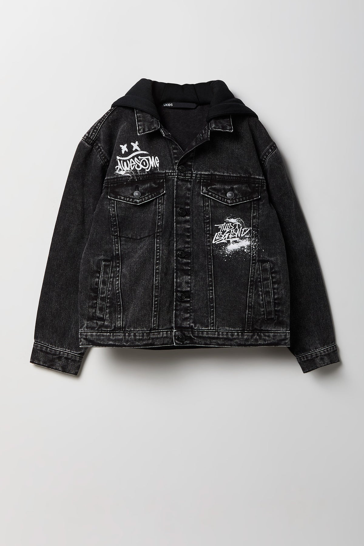 Boys Graphic Denim Jacket with Fleece Hood - Black