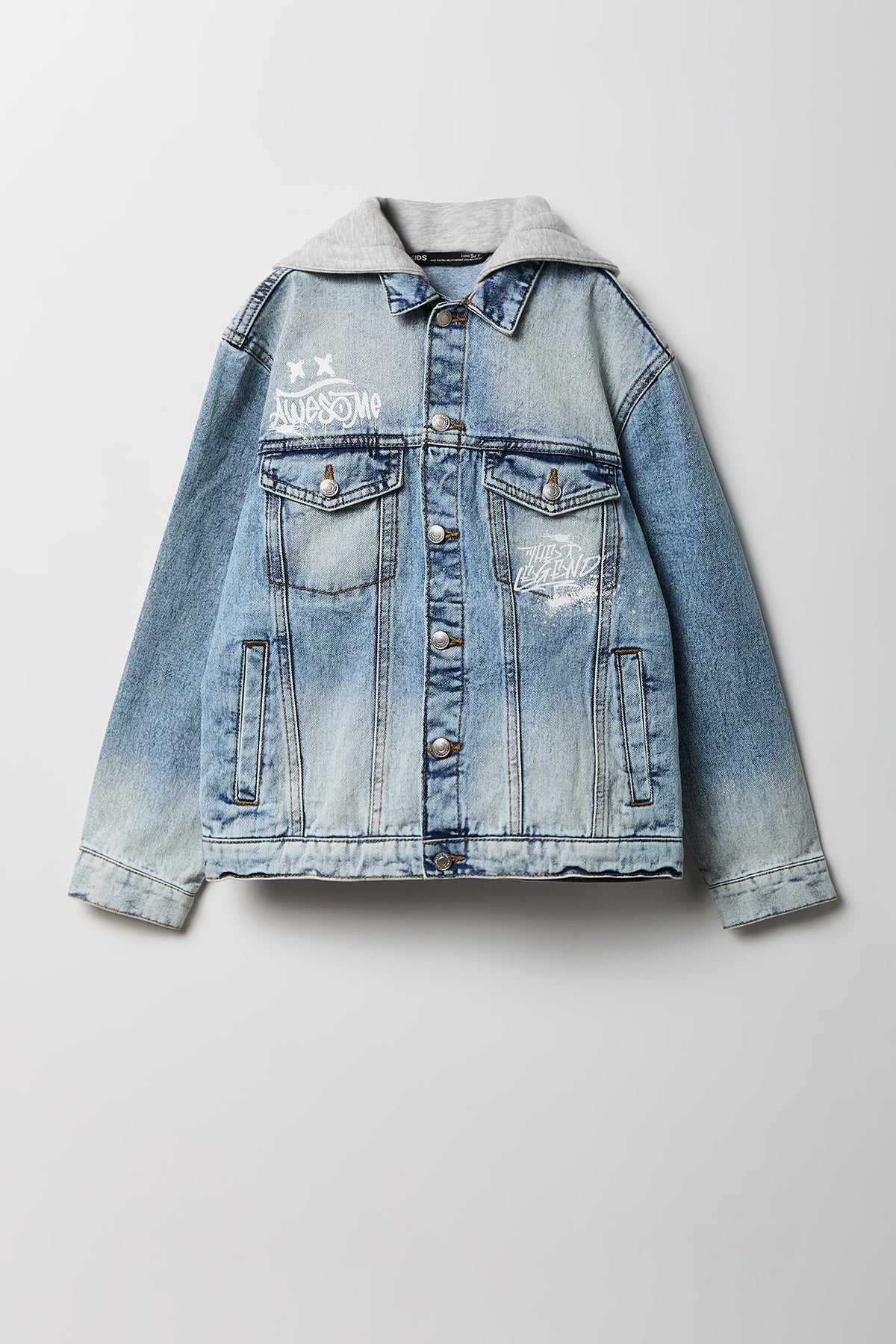 Boys Graphic Denim Jacket with Fleece Hood - Medium Denim Blue