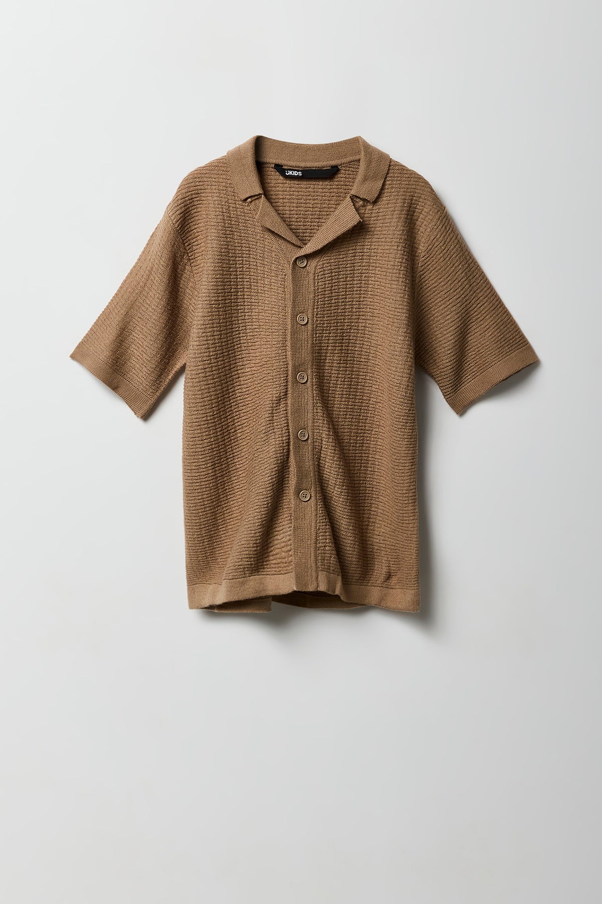 Boys Textured Knit Short Sleeve Button-Up Top - Taupe