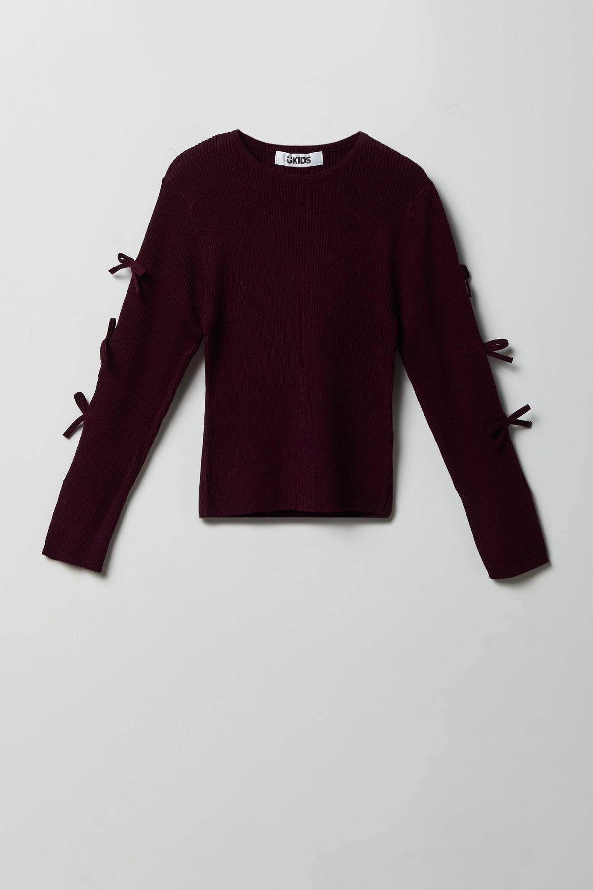 Girls Ribbed Bow Sleeve Sweater - Burgundy