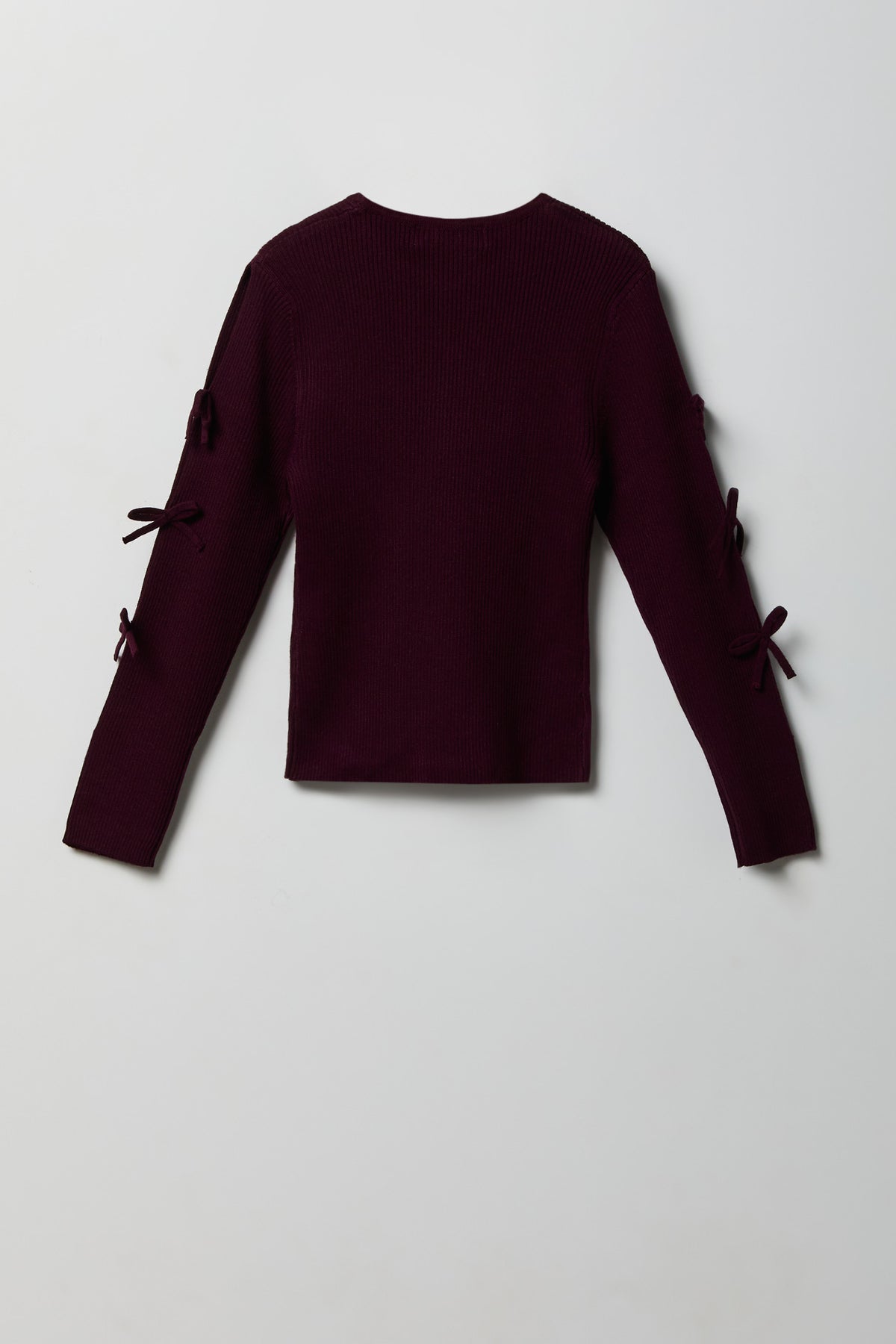 Alt View 2. Girls Ribbed Bow Sleeve Sweater - Burgundy