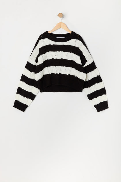 Girls Striped Cable Knit Sweater