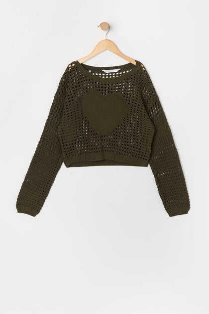 Girls Heart Open Knit Sweater