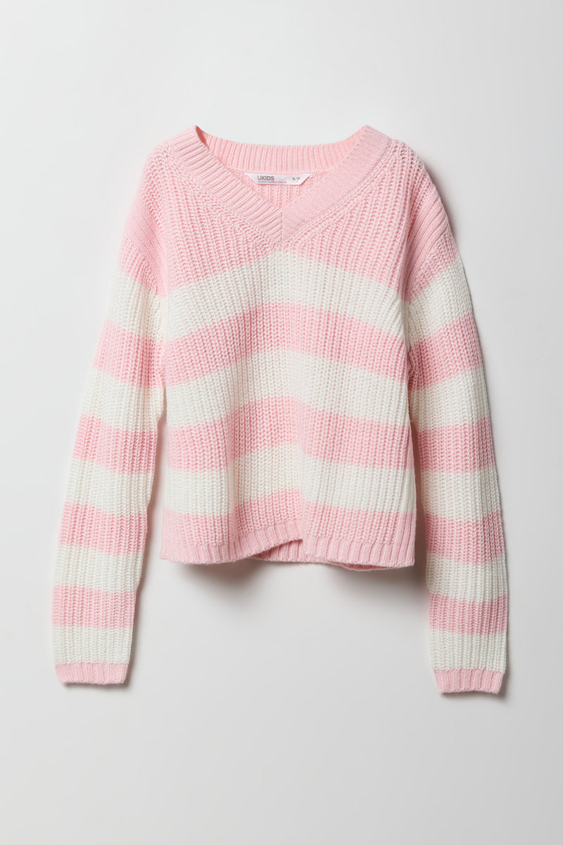 Chandail en tricot rayé à enolure en V pour fille