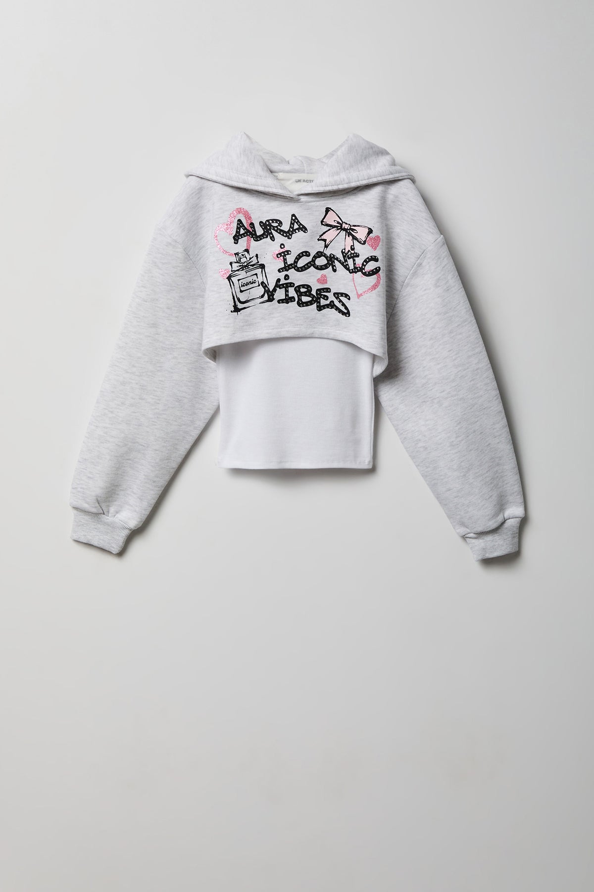 Girls Graphic Fleece Hoodie & Tank Set - Light Grey