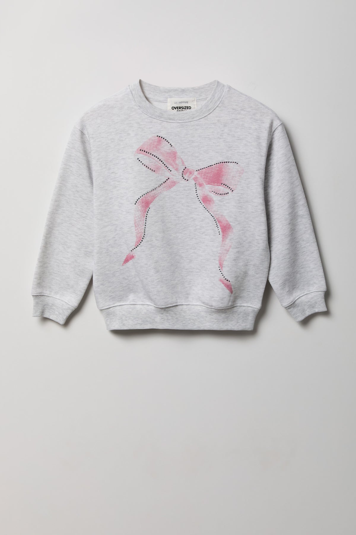 Girls Oversized Rhinestone Graphic Fleece Sweatshirt - Light Grey