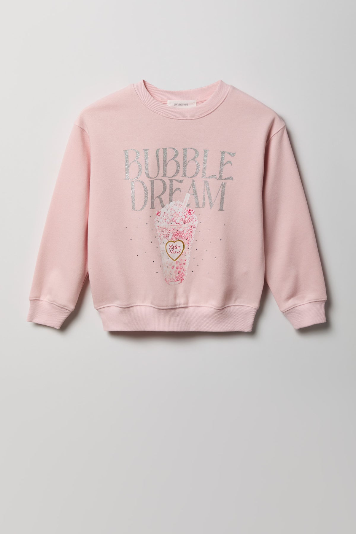 Girls Oversized Rhinestone Graphic Fleece Sweatshirt - Light Pink