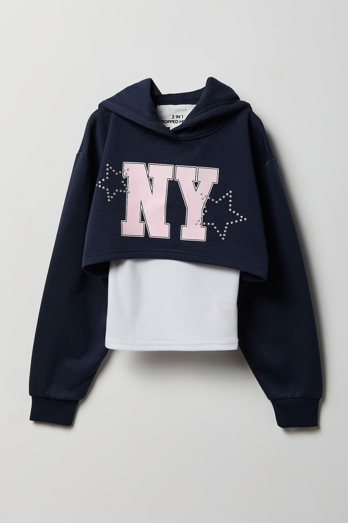Girls Rhinestone Fleece Layered Hoodie - Navy