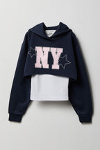 Girls Rhinestone Fleece Layered Hoodie