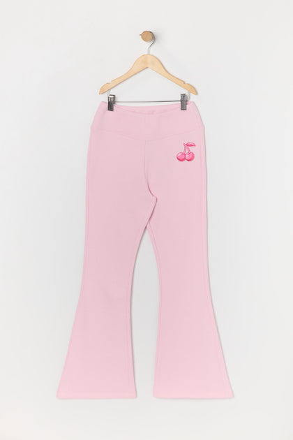 Girls Cherry Embroidered Fleece Flare Pant