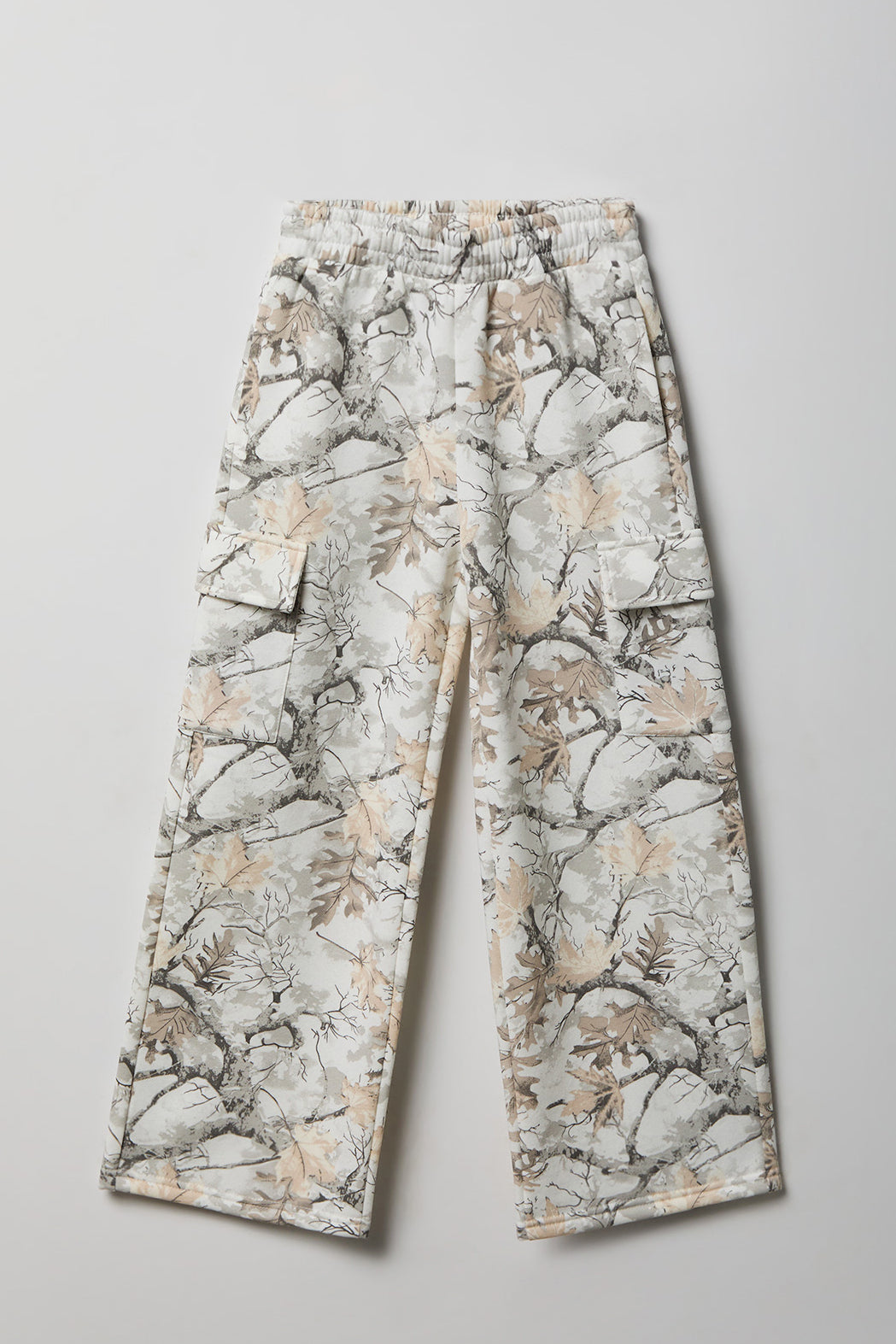 Pantalon d'entraînement cargo à jambe large en molleton avec motif camouflage pour fille
