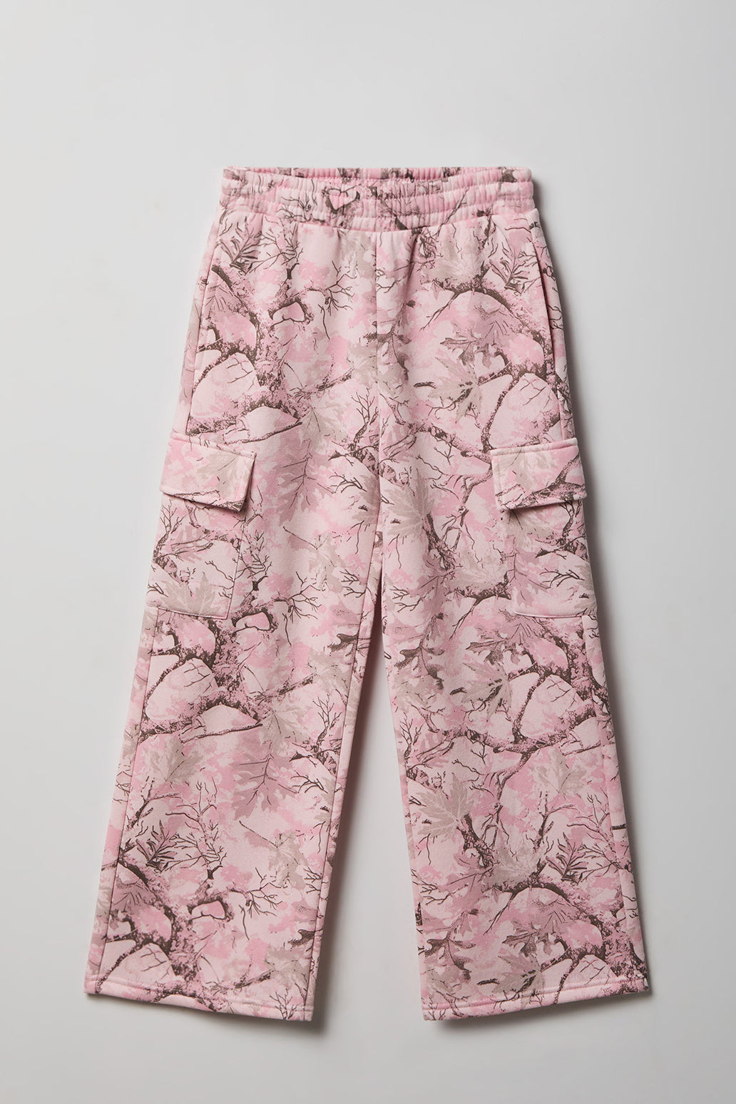 Pantalon d'entraînement cargo à jambe large en molleton avec motif camouflage pour fille