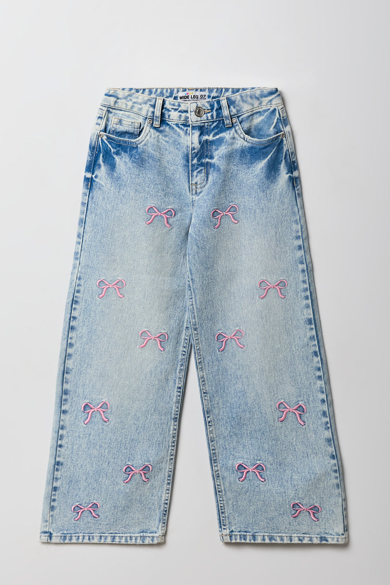 Jean mi-taille jambe large à broderie de boucle pour filles