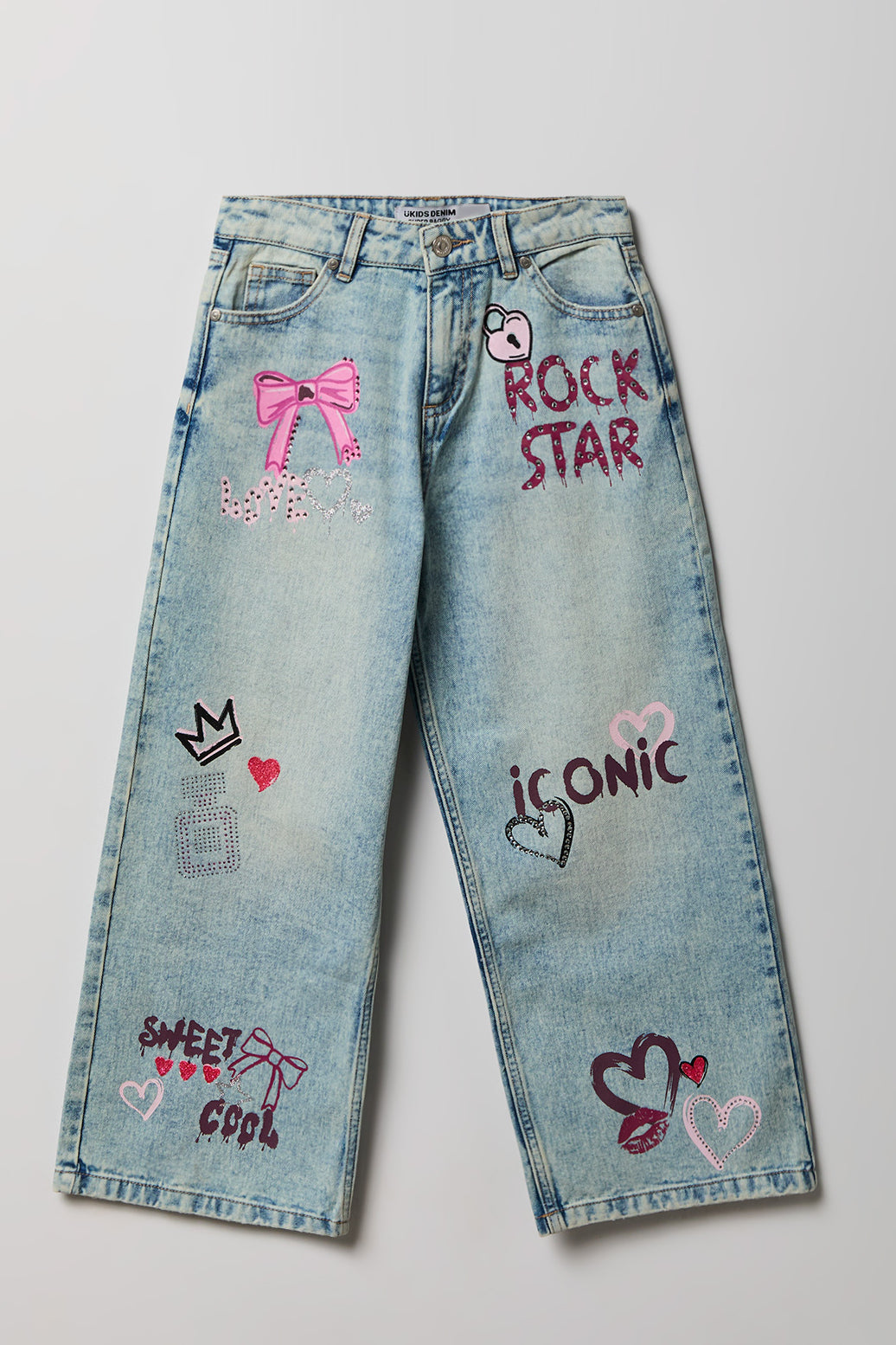 Girls Mid Rise Graphic Super Baggy Jean - Light Denim Blue