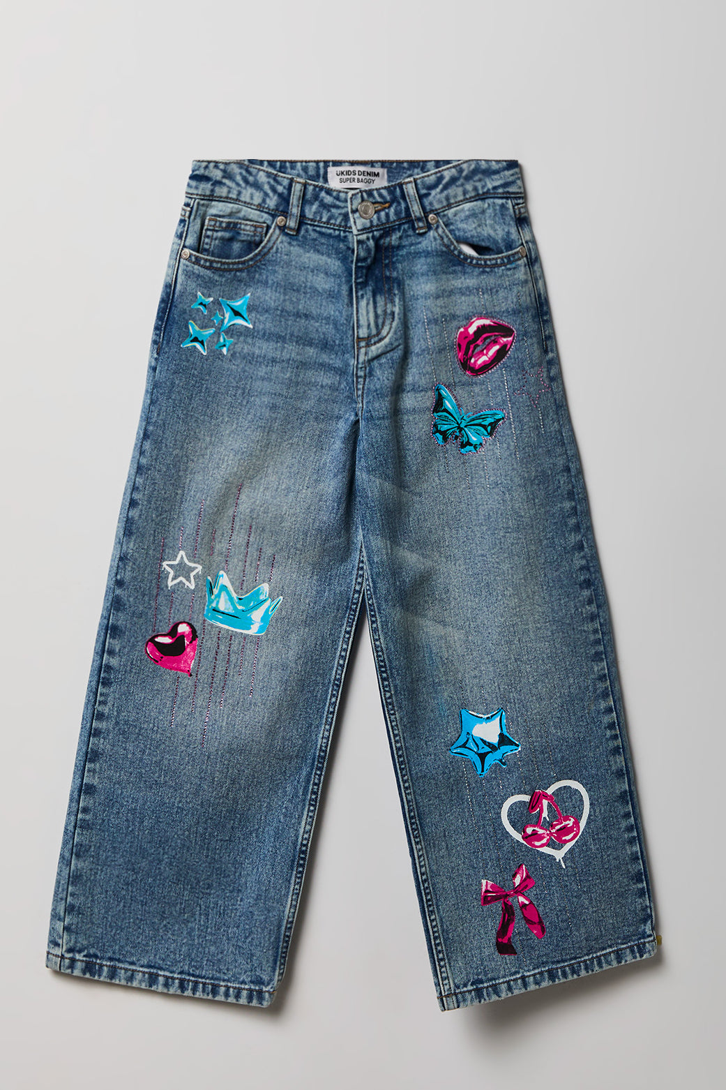 Girls Mid Rise Graphic Super Baggy Jean - Medium Blue