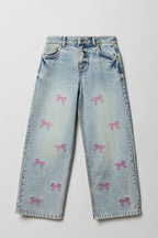 Girls Bow Embroidered Mid Rise Baggy Wide Leg Jean