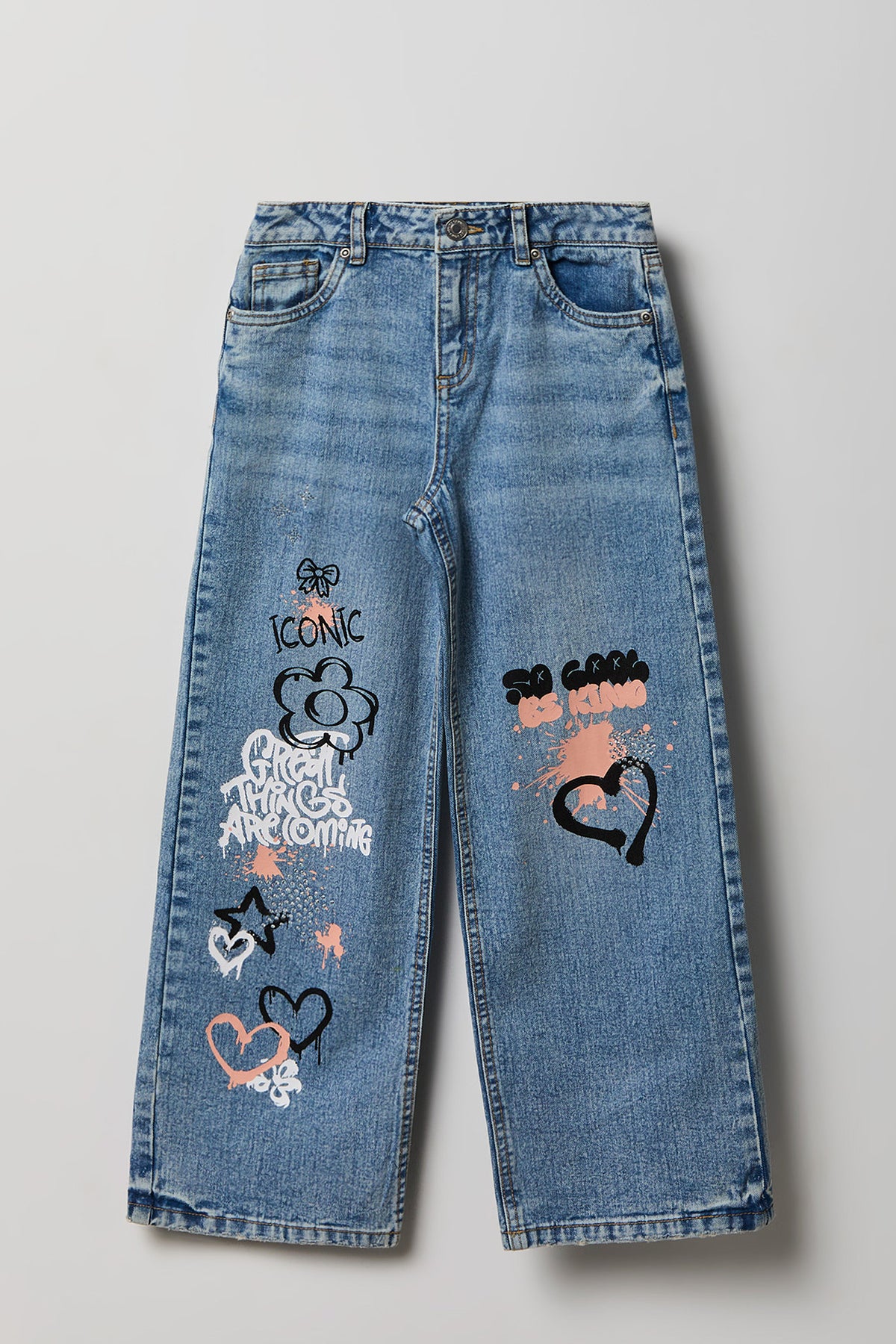 Girls Graphic Wide Leg Baggy Jean - Medium Blue
