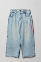 Girls Bow Embroidered Mid Rise Super Baggy Jean