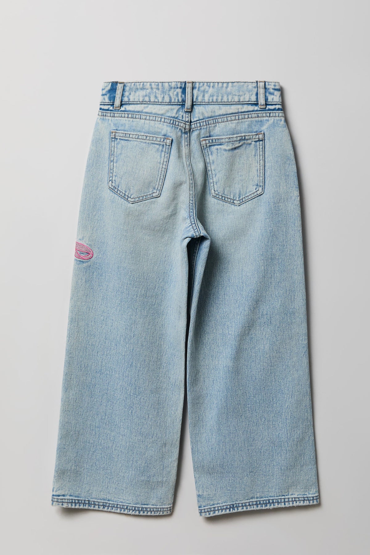 Alt View 2. Girls Bow Embroidered Mid Rise Super Baggy Jean - Light Denim Blue