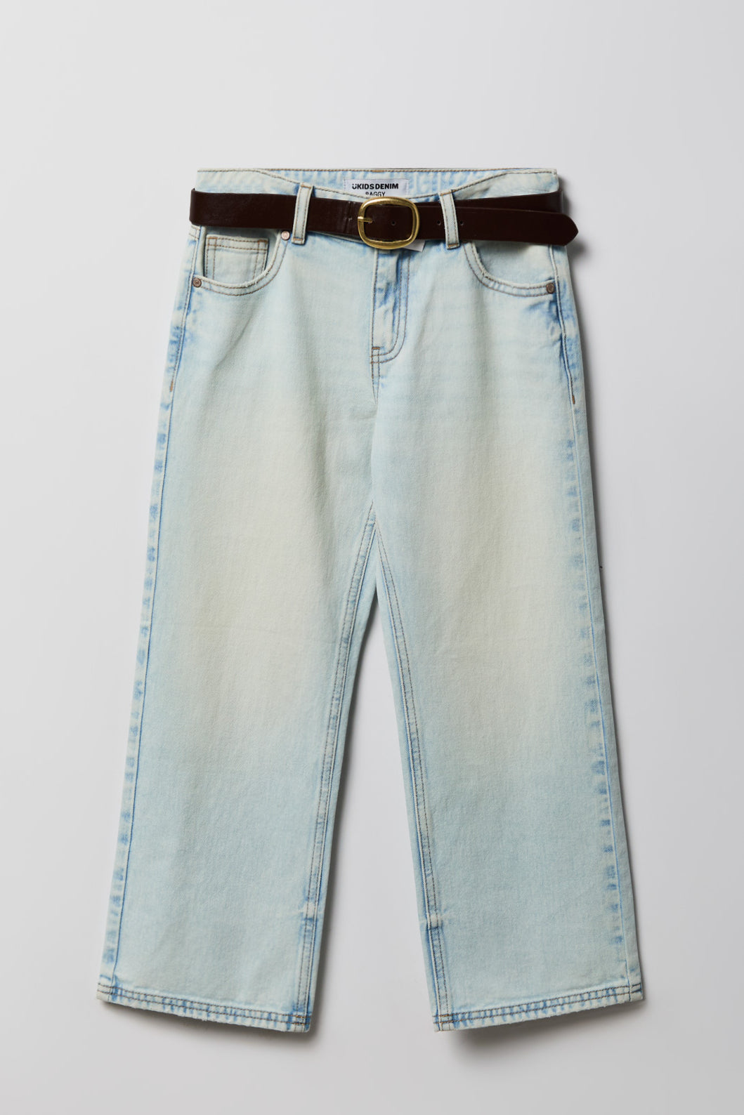 Girls Low Rise Belted Baggy Jean - Light Denim Blue
