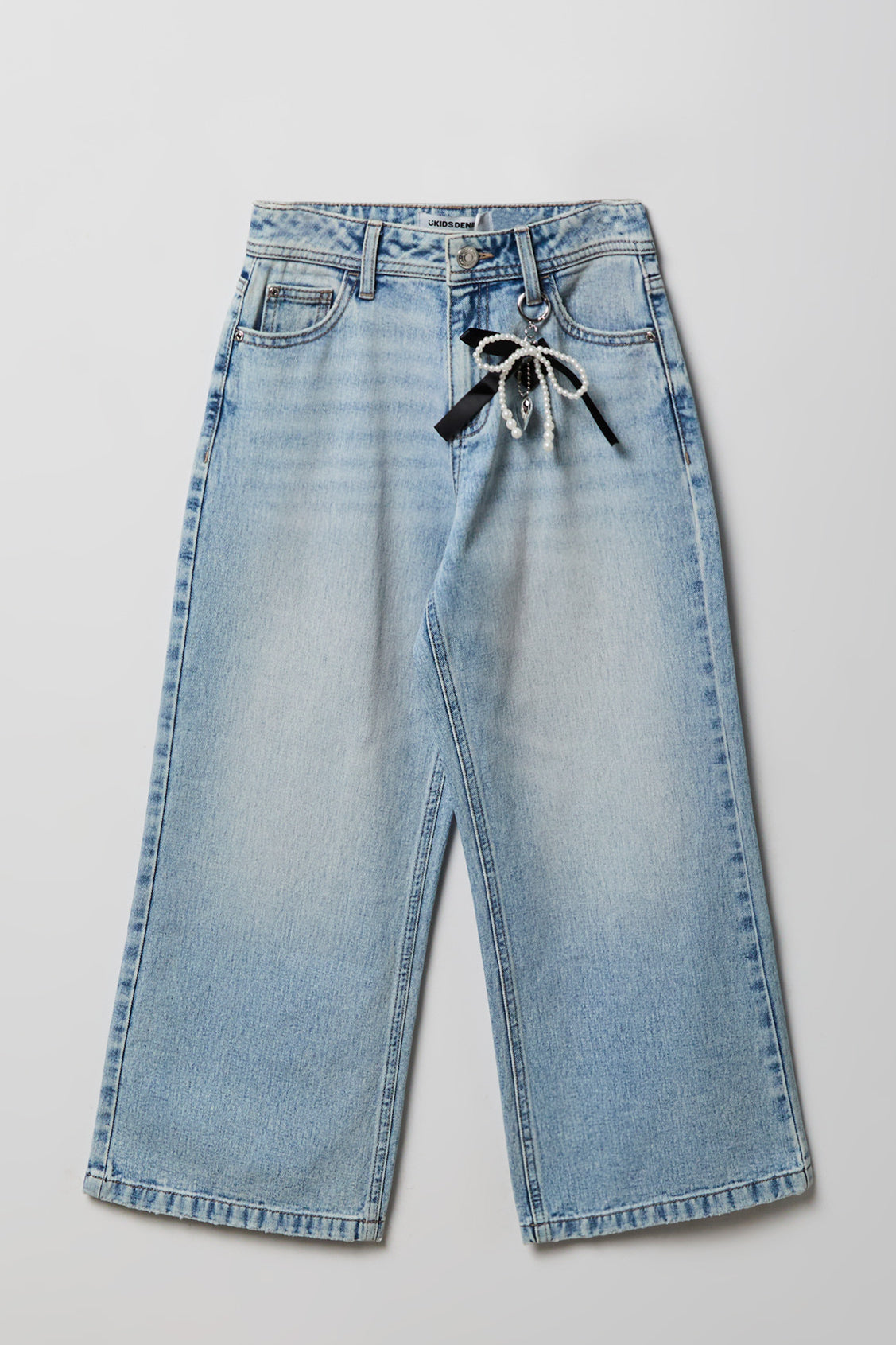 Jean à jambe large et taille hute avec porte-clés pour fille