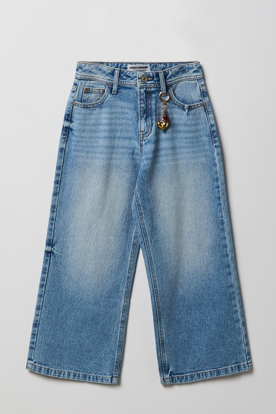Jean à jambe large et taille hute avec porte-clés pour fille