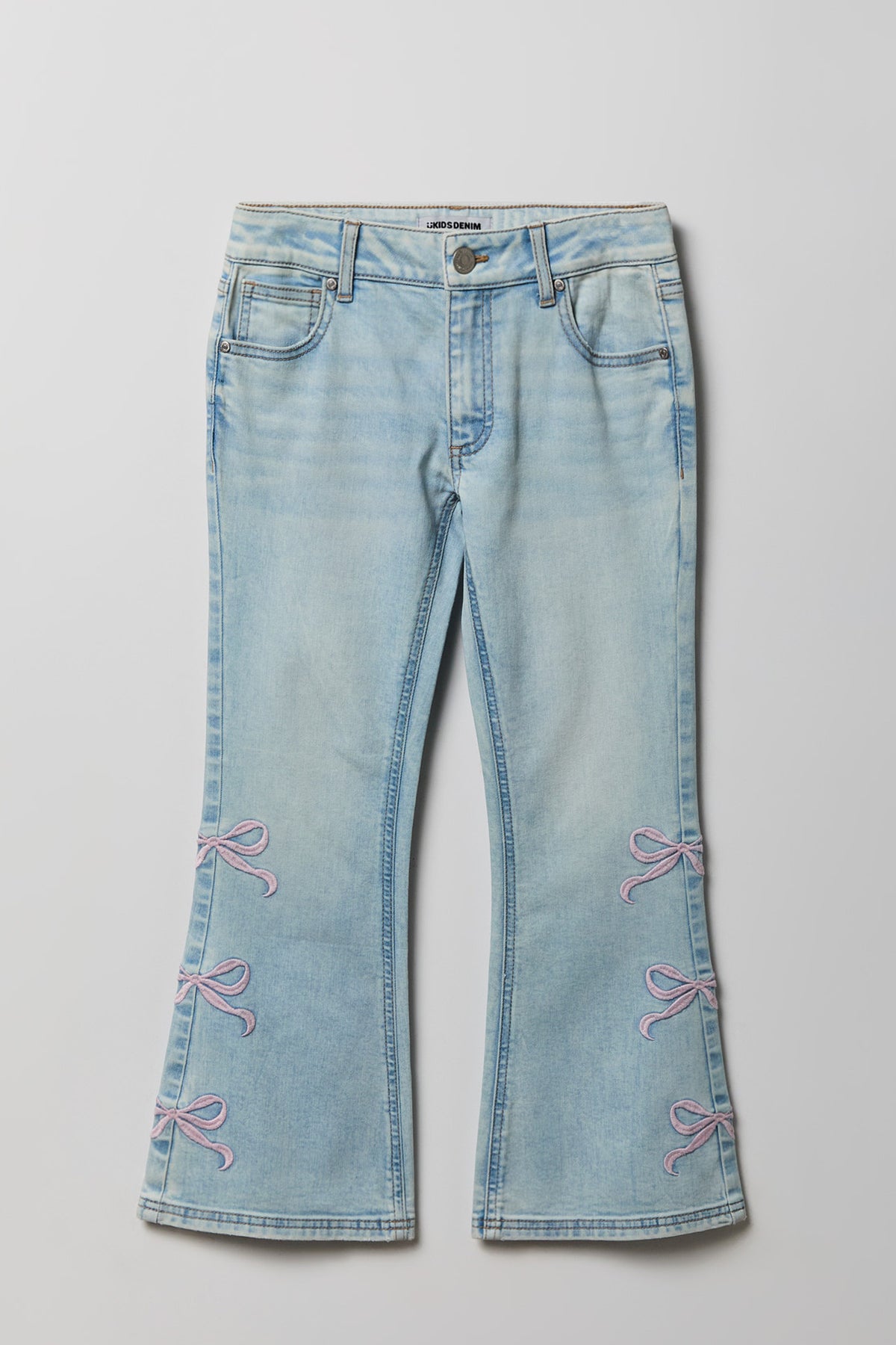 Girls Bow Embroidered Mid Rise Flare Jean - Light Denim Blue